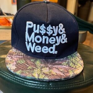Novelty SnapBack with Graphic Text and Patterned Brim